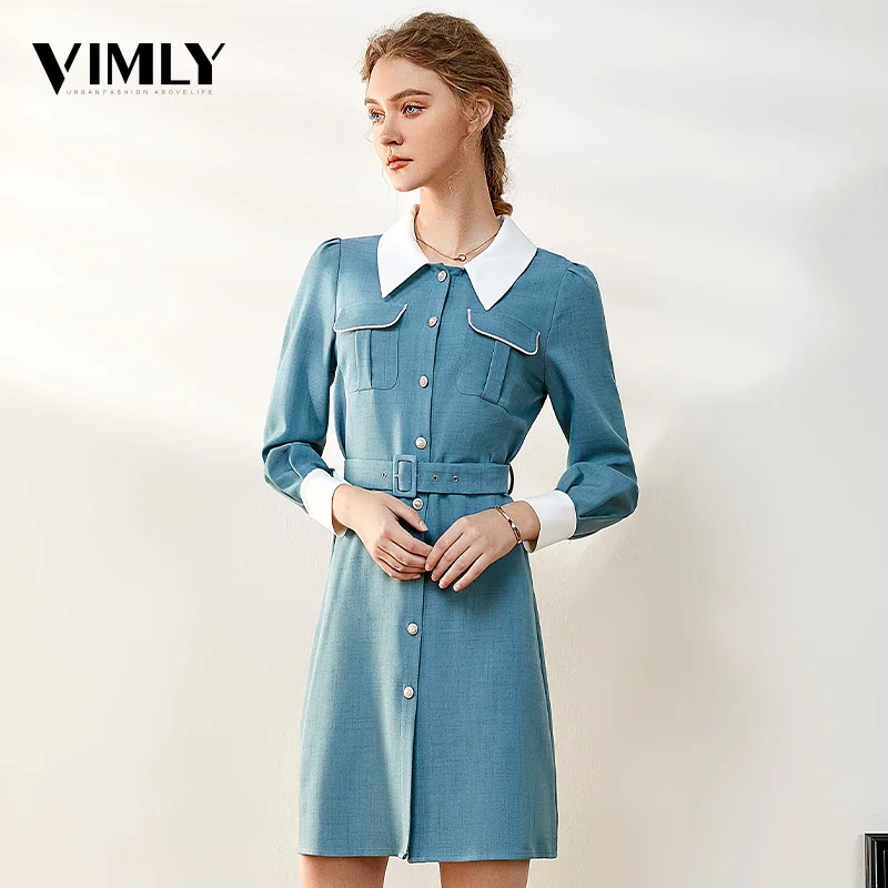 Женское офисное платье Vimly Элегантное синее с высокой талией винтажное для