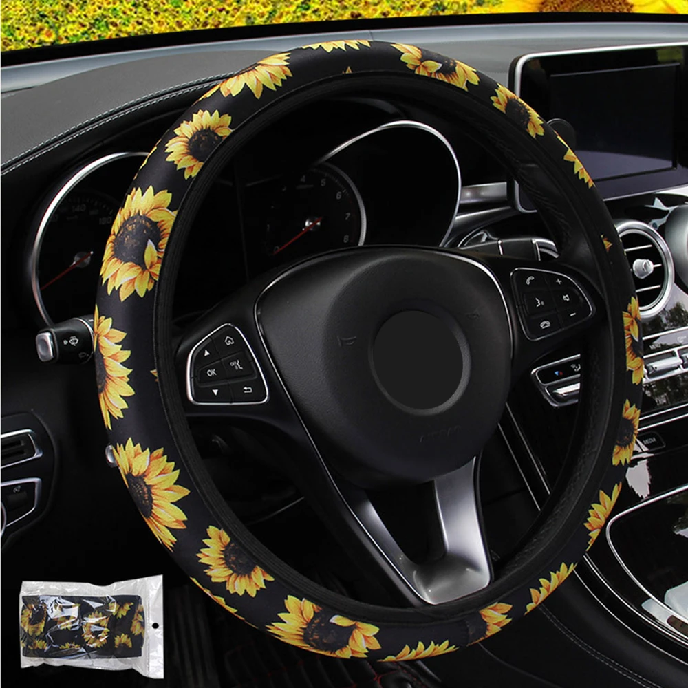 

LEEPEE Stretchy Neoprene Sunflower Floral Print Universal Car Styling Steering Covers Car Steering Wheel Cover Auto Non Slip