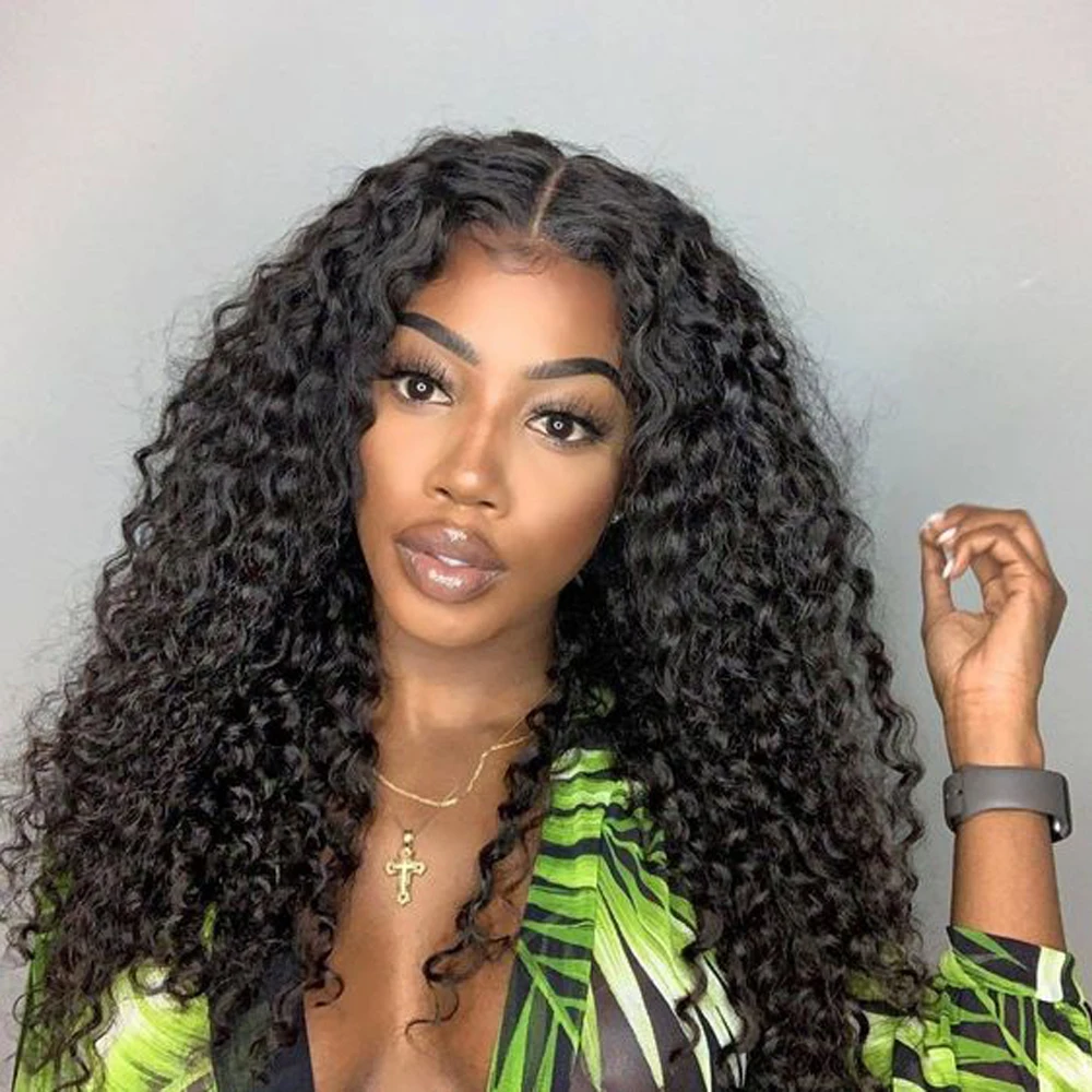 

Brazilian Kinky Curly Human Hair Wig Natural Hairline 180% T Part Remy Deep Curly Human Hair HD Lace Front Wigs For Black Women