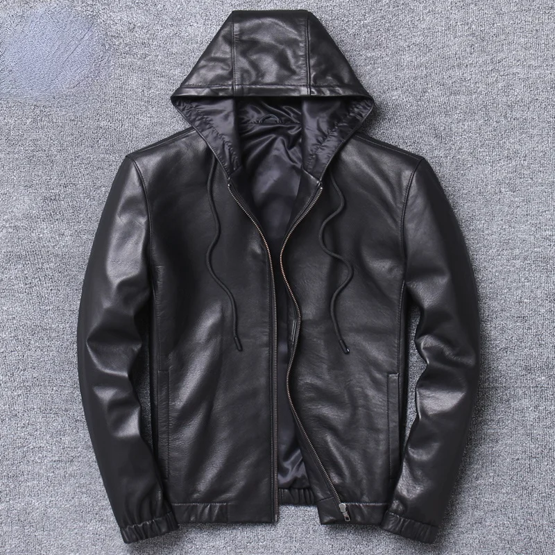 

Hooded 100% Genuine Leather Jacket Men Spring Autumn 2021 Men's Sheepskin Coat Chic Short Leather Coats Jaqueta Masculina Gxy910