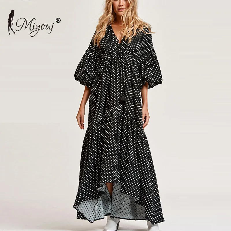 Miyouj модное пляжное платье в горошек с v-образным вырезом и пышными рукавами