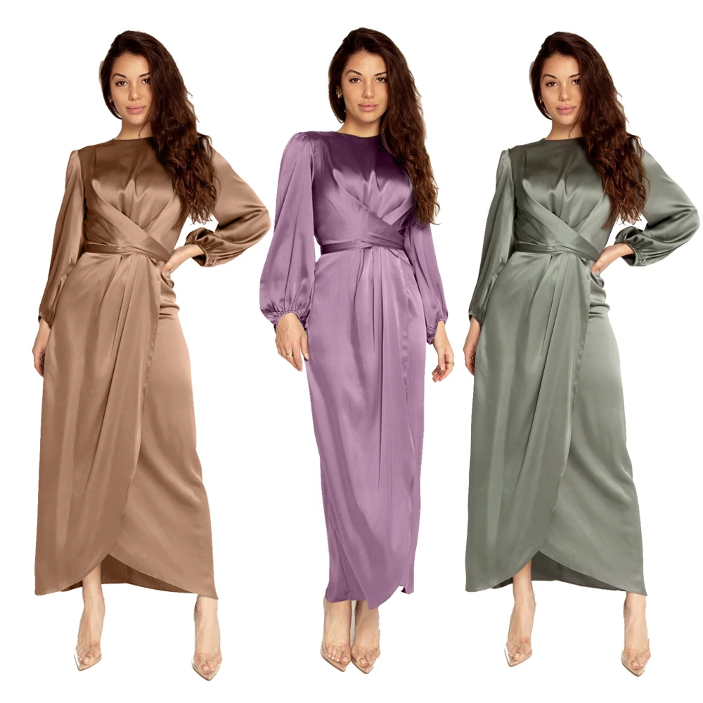 

Women Vestidos Satin Bandage Muslim Dress For Turkey Dubai India Arab Soft Elegant Corset Long Sleeve Robe Marocain For Party