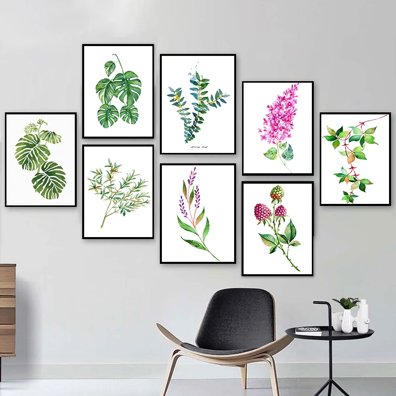 Акварельные листья настенная живопись зеленый стиль растения скандинавские