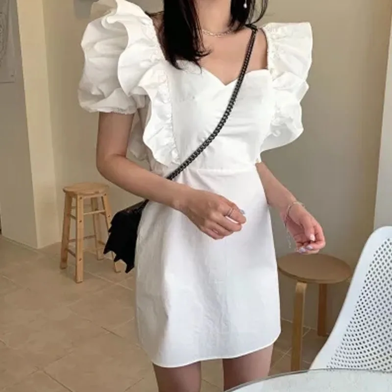 

Retro Dresses Women Korean Short Sleeve Square Neck Ruffles Dress One Piece Female High Waist Patchwork Girls Mini Dress Vestido
