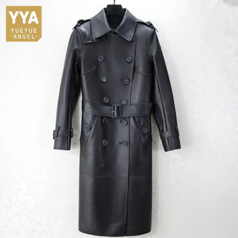 

Brand Slim Sheepskin Overcoat Female Street 100% Real Leather Long Jacket Elegant Sashes Double Breasted Office Windbreakers