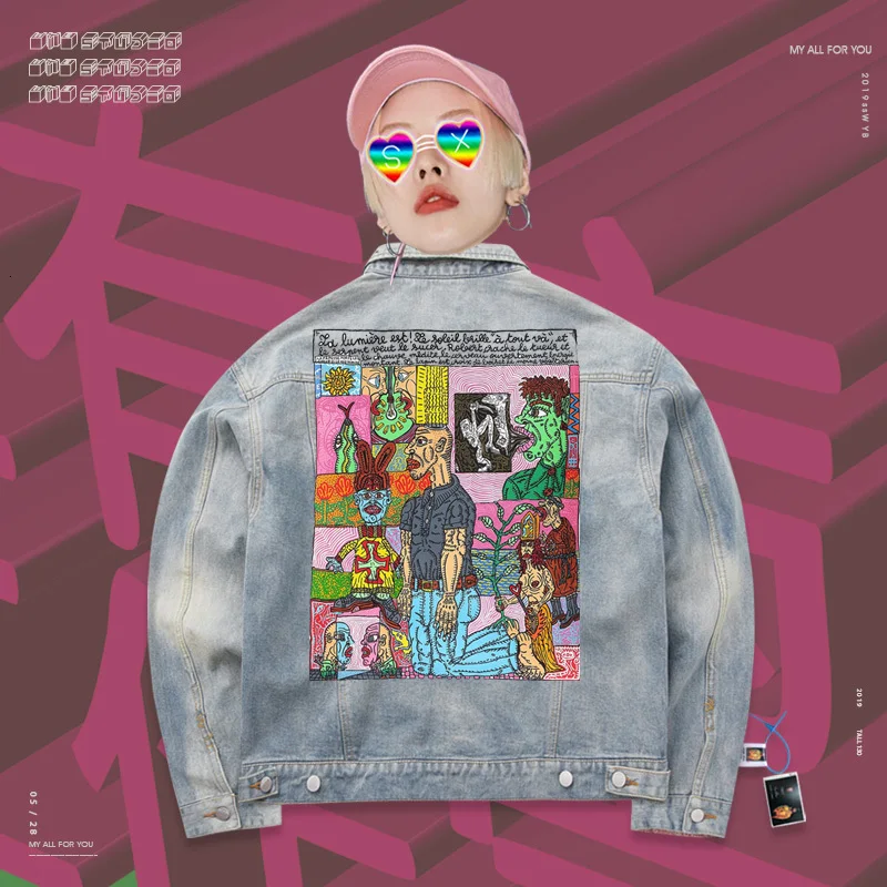 Джинсовая куртка с двумя карманами Забавный мультяшный комикс цветная ручная