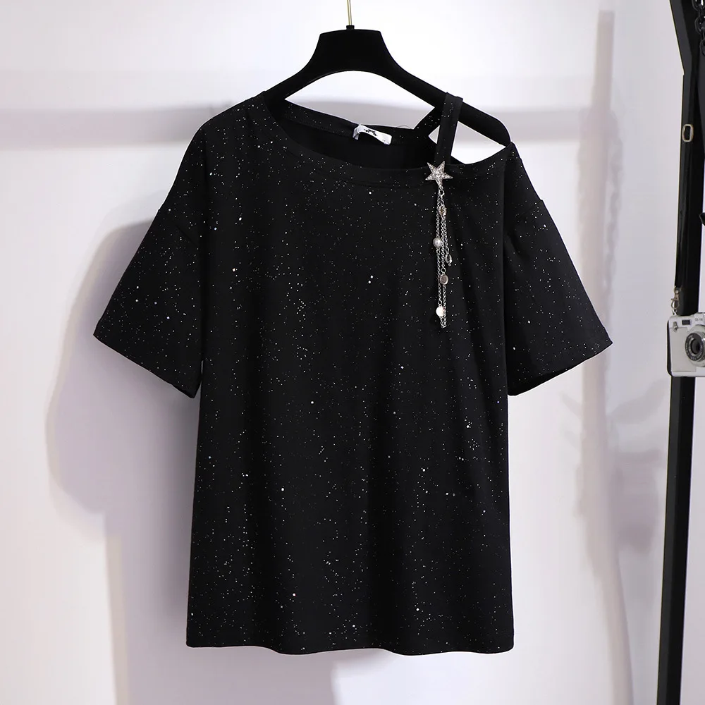 

Oversized Shinny Summer Femme T-shirts Short Sleeve Loose Black Tee Shirt Streetwear Off Shoulder Women Clothing Tops FY