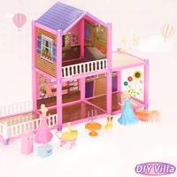 girls pretend play toys diy 3d family doll house dolls villa accessories toy set handmade furnitures 2 layer model building kits