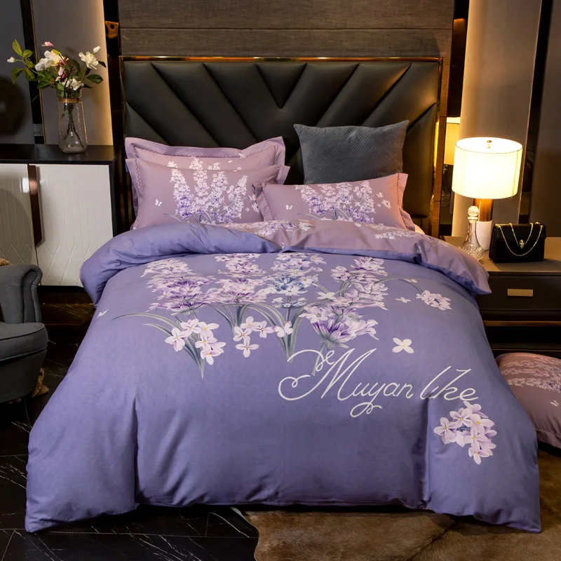 

Gray 4Pcs/Set Flowers Bedding Set Blue Euro Bedspread Luxury Duvet Cover Double Bed Sheets Linens Queen King Adult Bedclothes