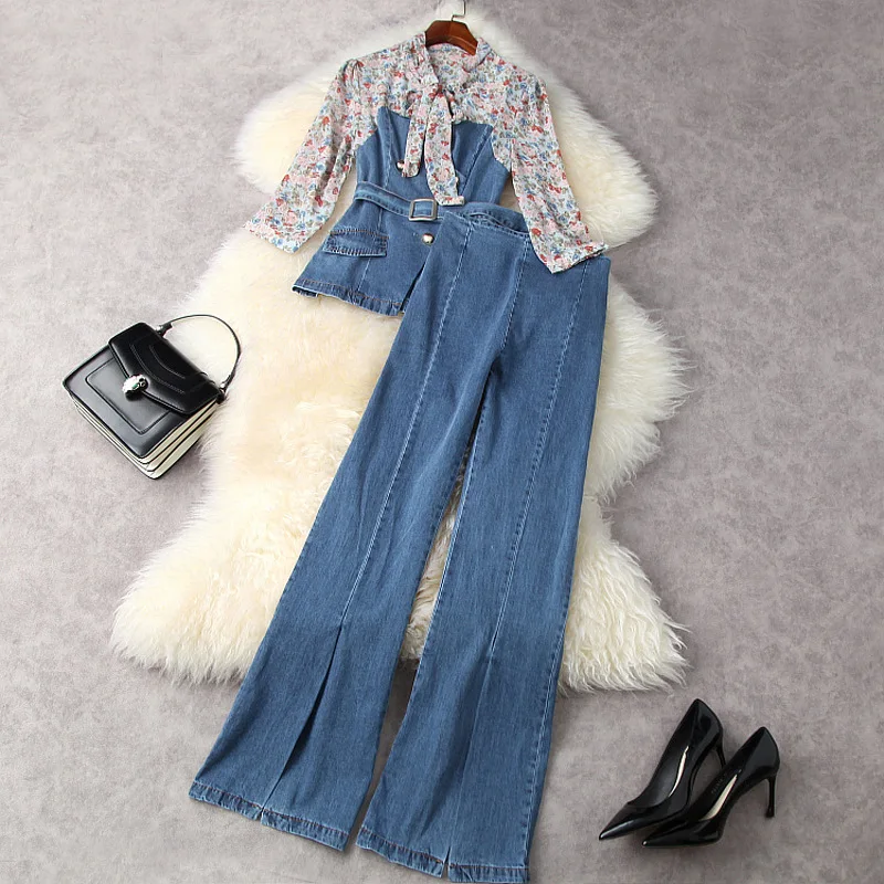

Woman Pant Suit 2021 Spring Summer Print Patchwork Denim Stand Collar Streamer Top + High Waist Split Bell-Bottom Trousers Set