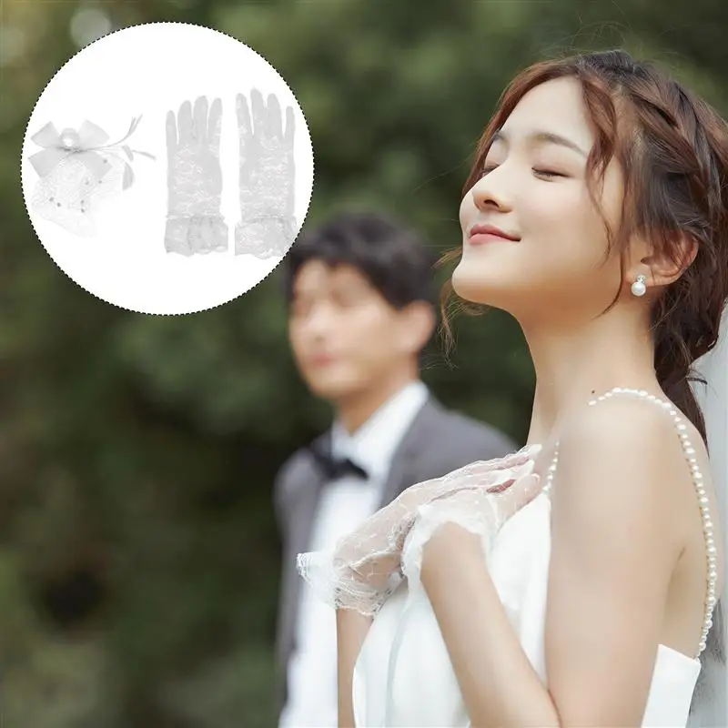 

Bowknot Feathers Fascinator Mesh Veil Hat and Short Floral Lace Gloves Set