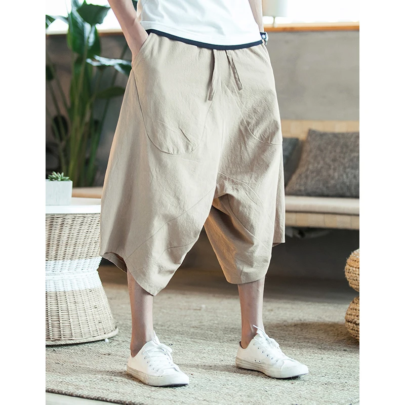

Men Loose Calf-Length Pants Cotton Linen Wide-Leg Pants Chinese Style Trousers Male Cross-Pants Summer Solid Hip Hop Streetwear