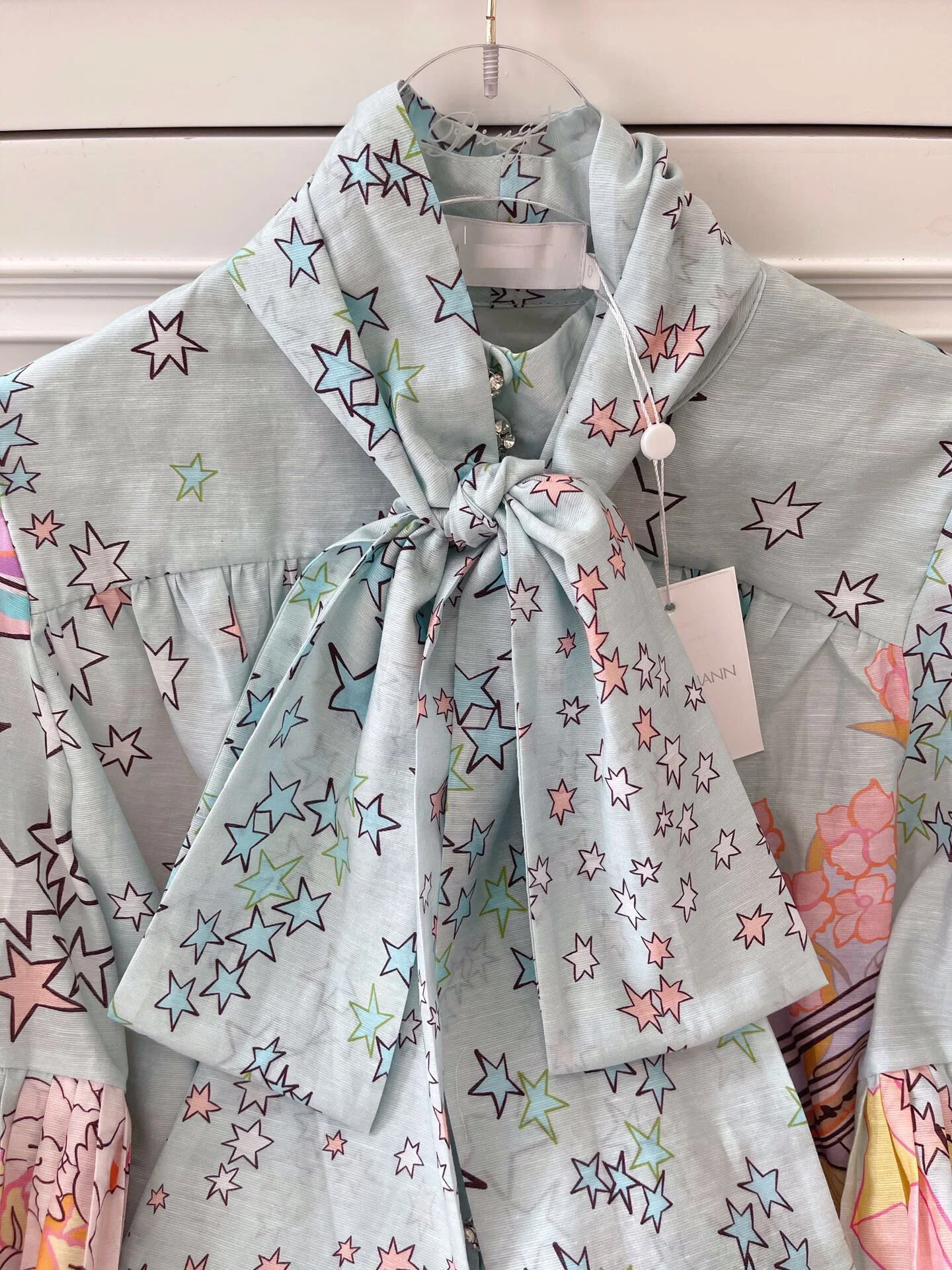 

2021 Autumn New Unicorn Star Print Lantern Sleeve Diamond Button Women Silk Linen Shirt