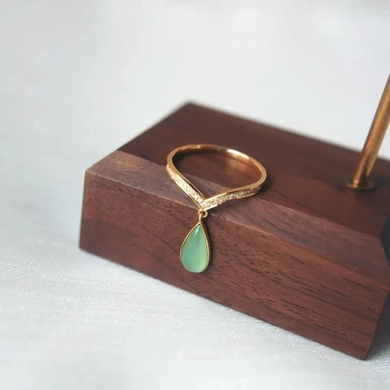

Qingshui Chalcedony Water Drop Ring S925 Sterling Silver Inlaid Diamond Ring Female Color Gold Ice Jade Rose Gold