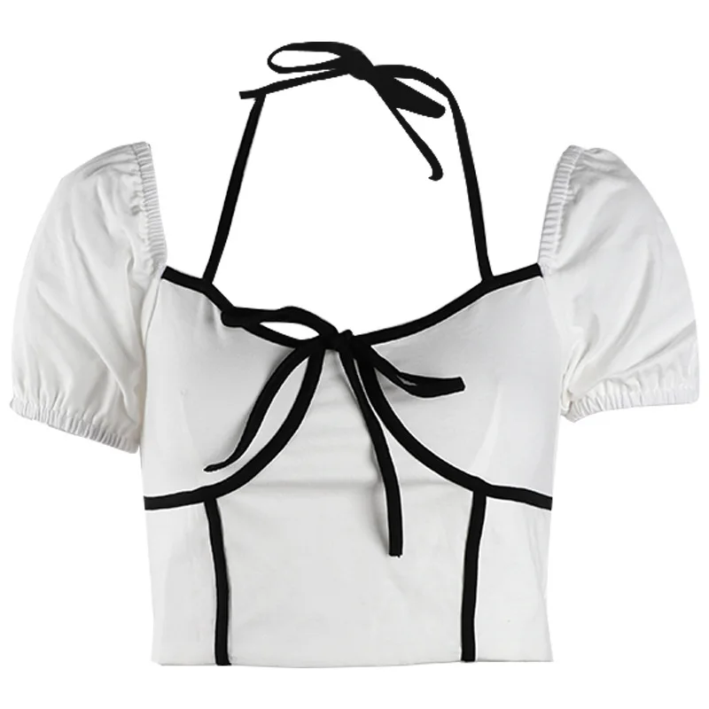 

2022 женская короткая белая футболка с пупбикальным ремешком и квадратным вырезом