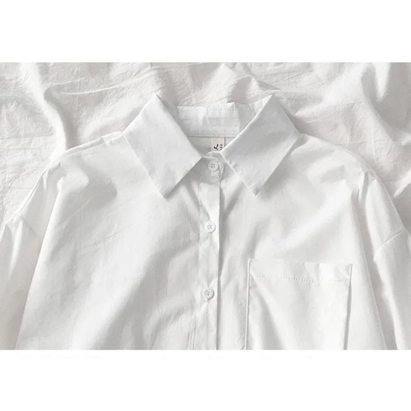 

White Plain Loose Oversized Blouses Female Tops Loose BF Korean Style Blusas Pockets Chiffon clothes album vintage Women Shirts