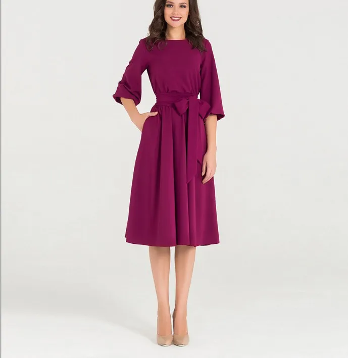 fuchsia dress Винтажное ТРАПЕЦИЕВИДНОЕ кружевное женское платье Элегантное Бандажное платье с круглым вырезом и рукавом три четверти офисное женское платье с карманами Vestidos - Цвет: fuchsia dress