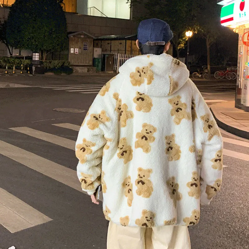 

Fleece Hooded Jacket Streetwear Casual Harajuku Hip Hop Men's Women's Fashion Bear Print Full Zip Hooded Jacket Top Jacket