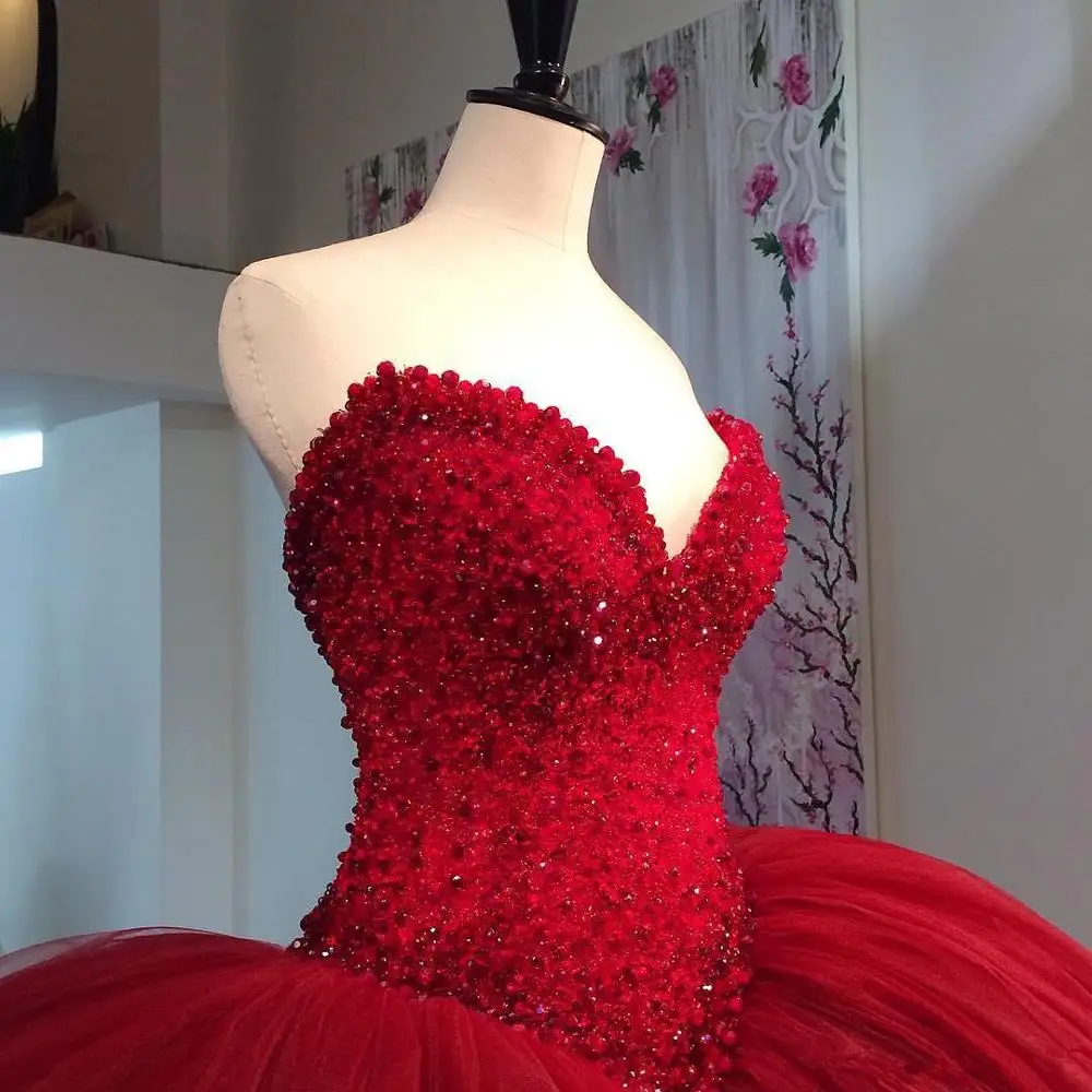 

Red Sweetheart Ball Gown Prom Dresses Top Beaded Tulle Multi Layers Evening Dress Custom Made Puffy Formal gown Women Vestidos