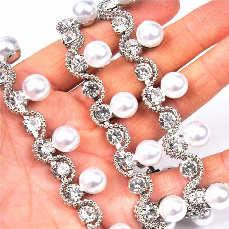 1 ярд Костюм с аппликацией вращающаяся Стразы белым жемчугом Серебряная отделка