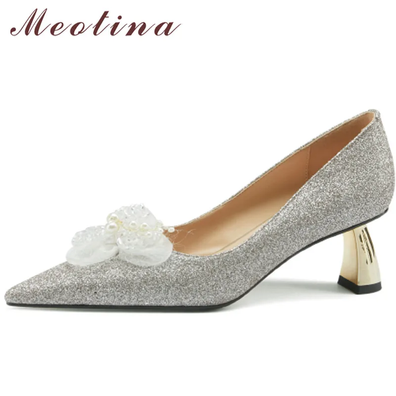 

Meotina Women Shoes Genuine Leather Pointed Toe High Heels Bling Strange Style Heel Pumps Pearl Flower Ladies Footwear Beige 43