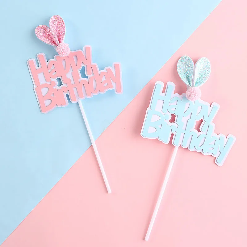 

1Pcs Lovely Rabbit Ears Plush Ball Cake Toppers Happy Birthday Dessert Cake Decorations Children Birthday Baby Shower Party Gift