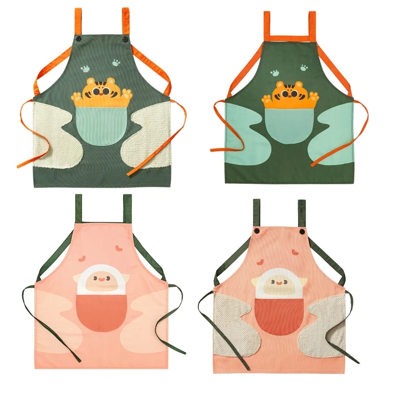 

Women Apron Waterproof Adult Oil Proof Apron Kitchen Pinafore with Hand Wipe Pocket Print Apron for Restaurant Cooking