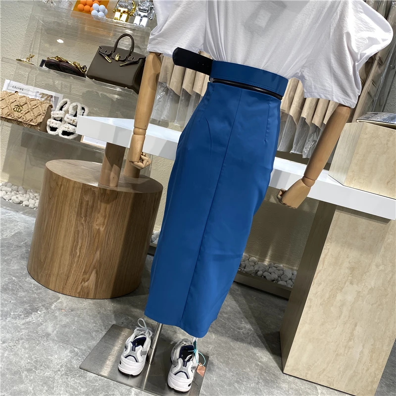 

Brand Original Design 2021 Fashion High Waist Zipper Stitching Long Skirt Temperament Slim Waist Hem Split Skirt
