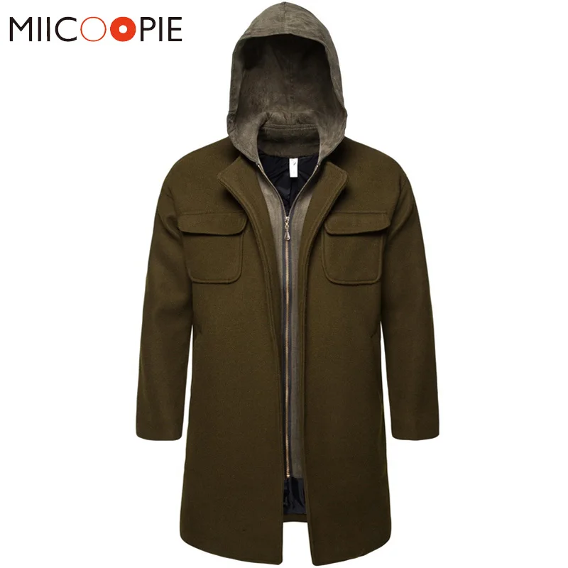 Мужская длинная куртка на молнии с капюшоном и карманами|Плащи тренчи| |