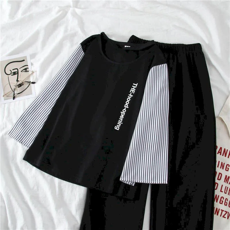 

Two Piece Set Women Three-quarter Sleeve Top Suit Student Korean Loose and Thin 2021 Summer New Nine-point Wide-leg Pants Sets