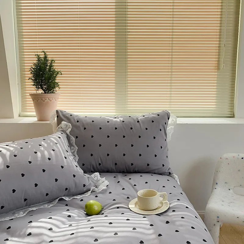 Girls Bedding Set Reversible Gray White Heart print Duvet Cover 100%Cotton Lace 4Pcs Queen Twin Ultra Soft bed sheet | Дом и сад