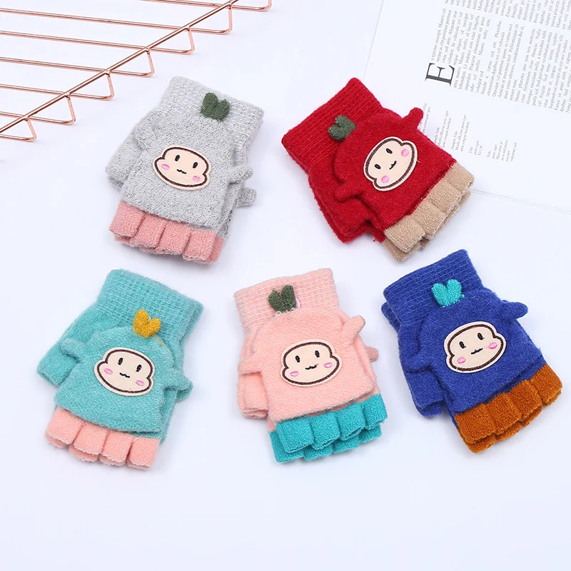 

Child Winter Gloves Children Girl Boy Half Finger Flip Cover Gloves Boys Animal Warm Cartoons Mittens Knitted Gloves