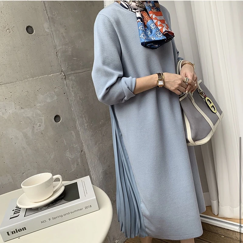 

Dunayskiy Vintage Ruched Dress For Women Notched Collar Long Sleeve Casual Loose Suit Dress Female 2021 Autumn Fashion
