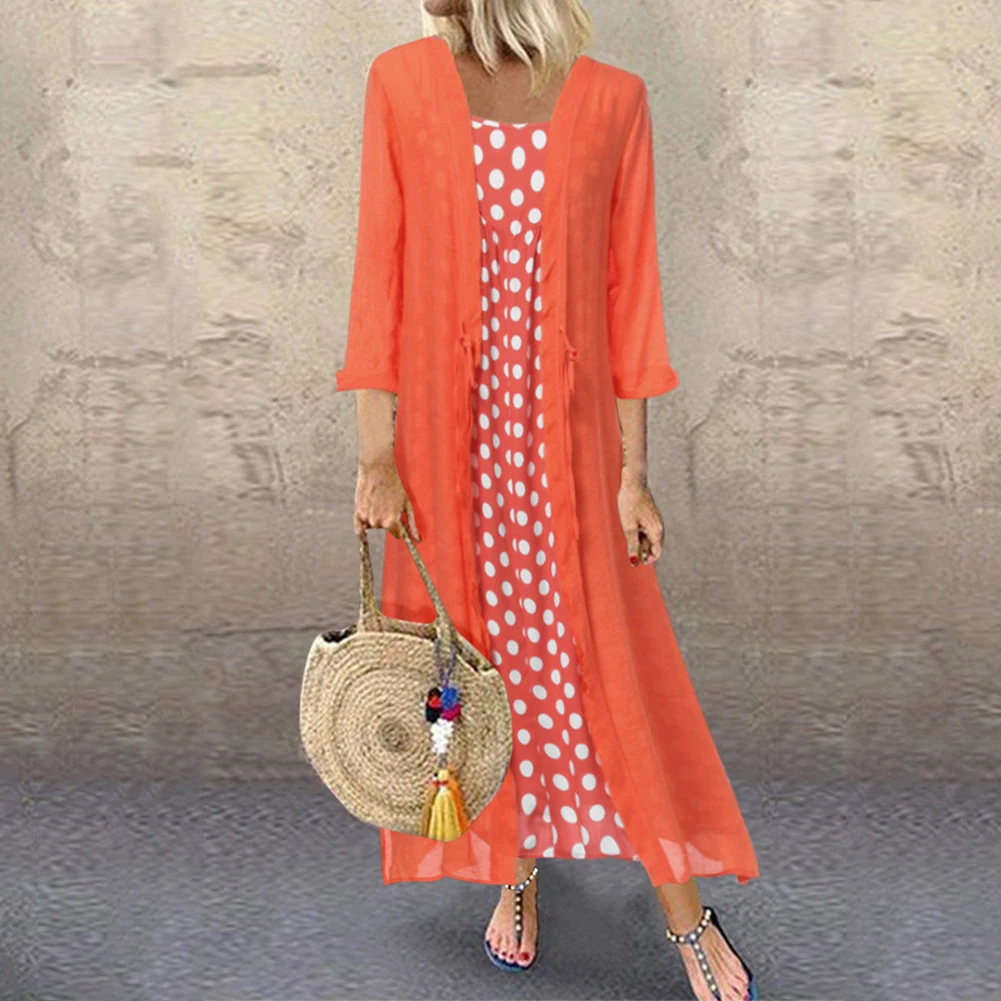 

2pcs Vacation Loose Polka Dot Baggy Linen Fashion Autumn Casual Maxi Crew Neck Soft Long Sleeve