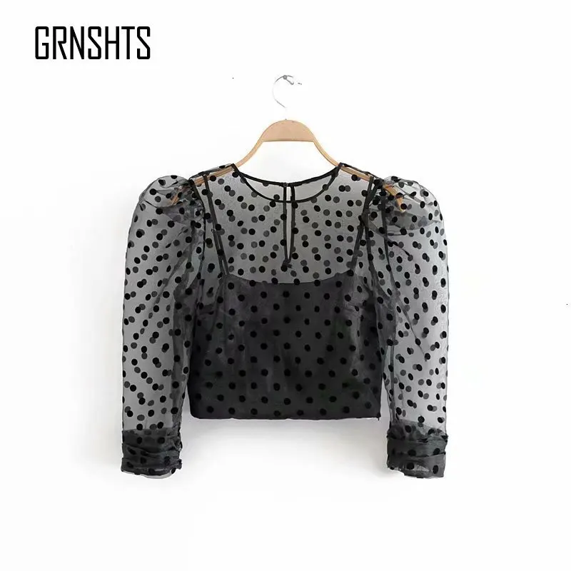2019 Осенняя женская блузка из органзы в горошек с пышными рукавами Прозрачная
