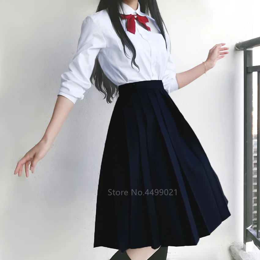 

Японская школьная форма для девочек, однотонная плиссированная юбка с высокой талией, длинный костюм JK, черная, серая, женская одежда для уч...