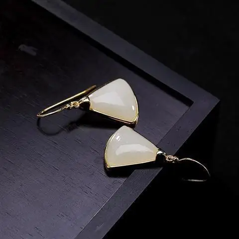 

S925 Sterling Silver Gilding Craft Earrings Natural Hetian Jade Geometric Simple Vintage Upscale Earring Pendant for Ladies Orig