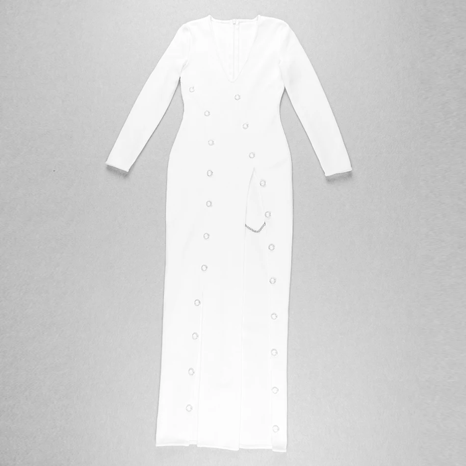 

2019 new white women's long bandage dress long sleeve crystal diamond split Bodycon Vestidos sexy evening party runway dress
