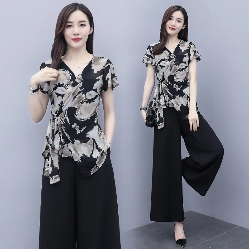 

Vintage Floral Top and Pant Suits Women Chiffon Pantsuits Blouse Top Wide Leg Trousers 2 Two Piece Set Clothes Female Plus Size