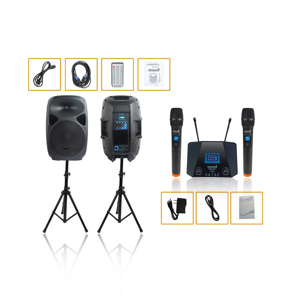 

2Pcs 2500W 15" PA Powered Active Bluetooth Speakers Tripod Stands 2 Channel UHF Handheld Wireless Microphone SSD-15A+SMU-0217A