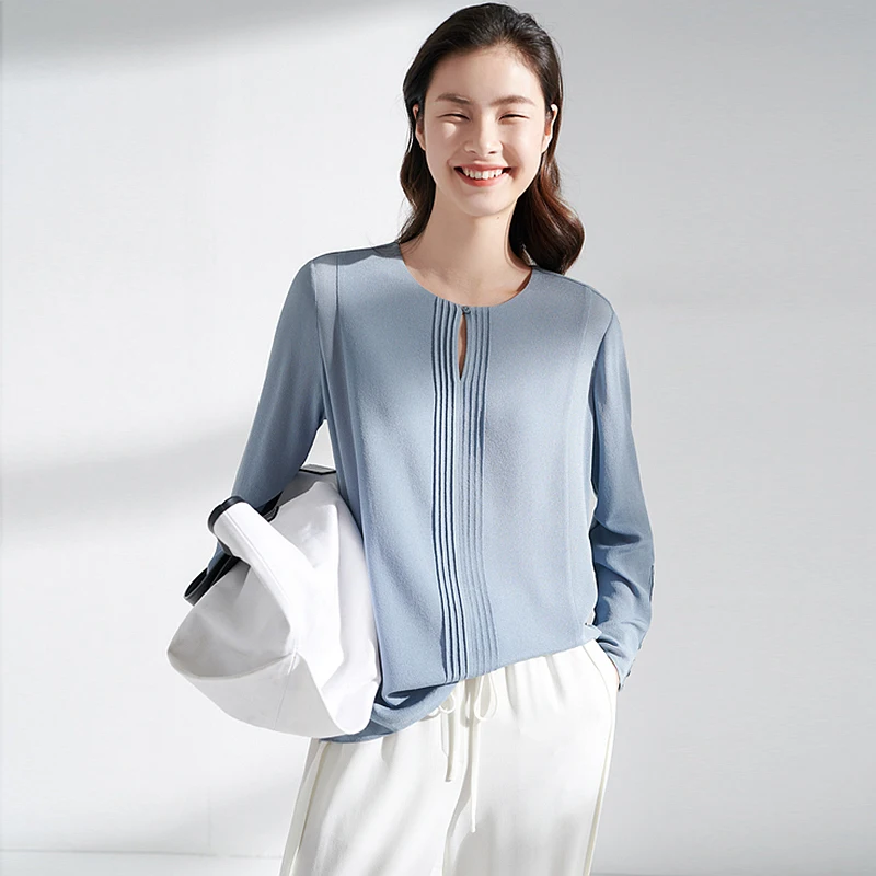

100% Silk Blouse Women Vintage Design Double Layer Solid Long Sleeve Silk Shirt Single-breasted Elegant Casual Top New Fashion