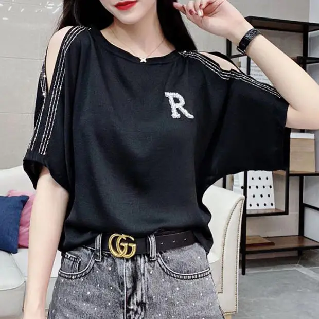

Off-the-shoulder Blouse Woman Bat shirt summer new European half-sleeve dress shirt short-sleeve t-shirt