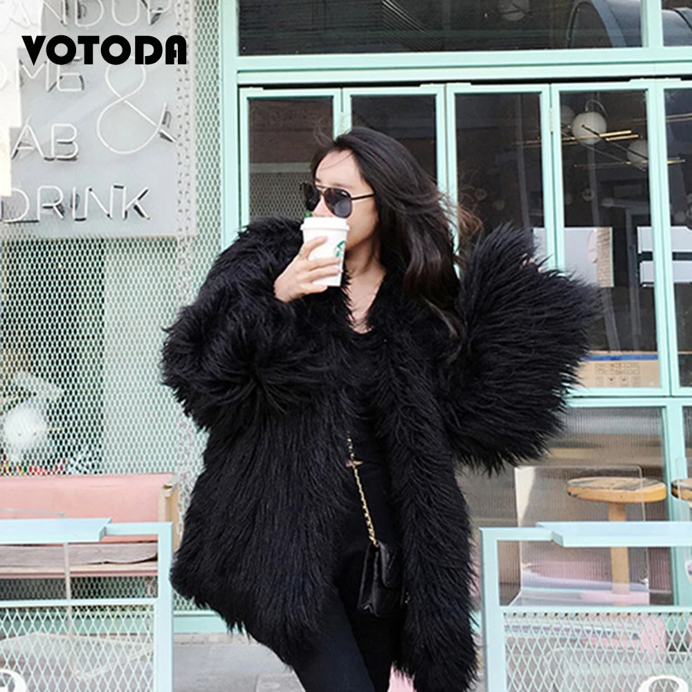Winter Mongolia Sheep Fur Coat Women Warm Faux Fur Coats Fluffy Furry Wool Jacket Sexy Outerwear Ladies Fur Overcoat Outerwear