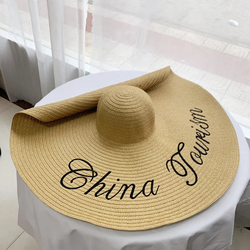 

70cm Diameter Embroidery Letters Foldable Sun Hat Oversized Sunscreen Straw Hat Women Summer Vacation 25cm Big Brim Beach Hat