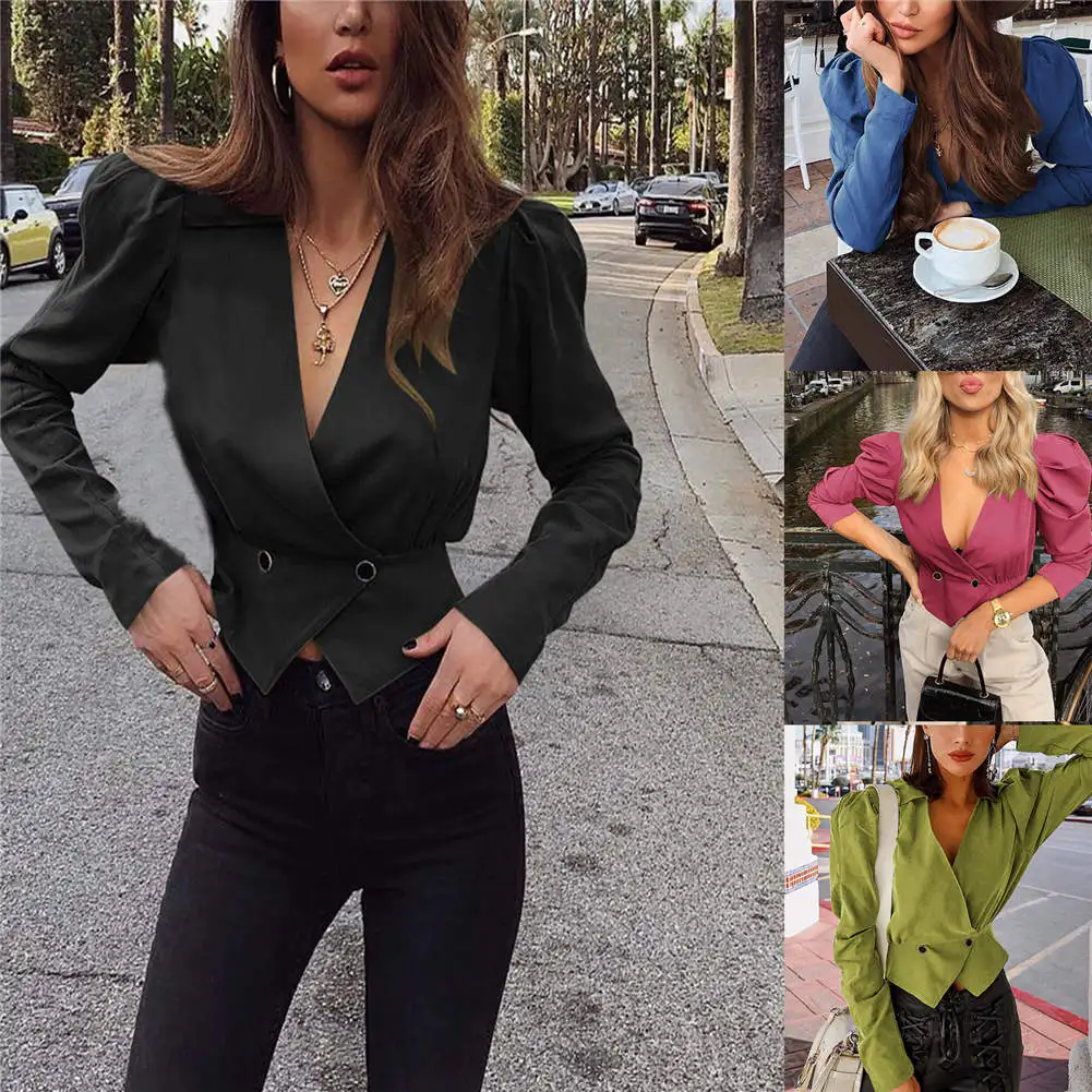 

Newly Women Deep V Neck Slim Coat Long Sleeve Street Party Short Blazer Outwear m99