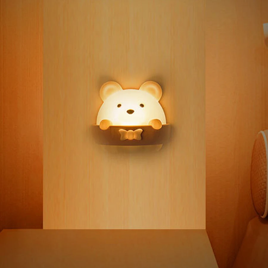 

Creative bear LED Night Light charging remote control bedroom bedside hole free eye protection wall lampA543