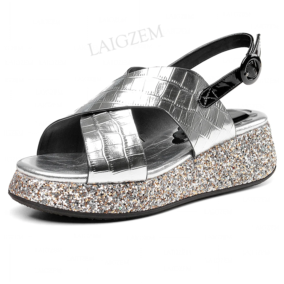 

LAIGZEM Women Sandals Platform 4CM Flat Heels Pumps Real LEATHER Summer Comfortable Zapatos Handmade Shoes Woman Size 37 39 41