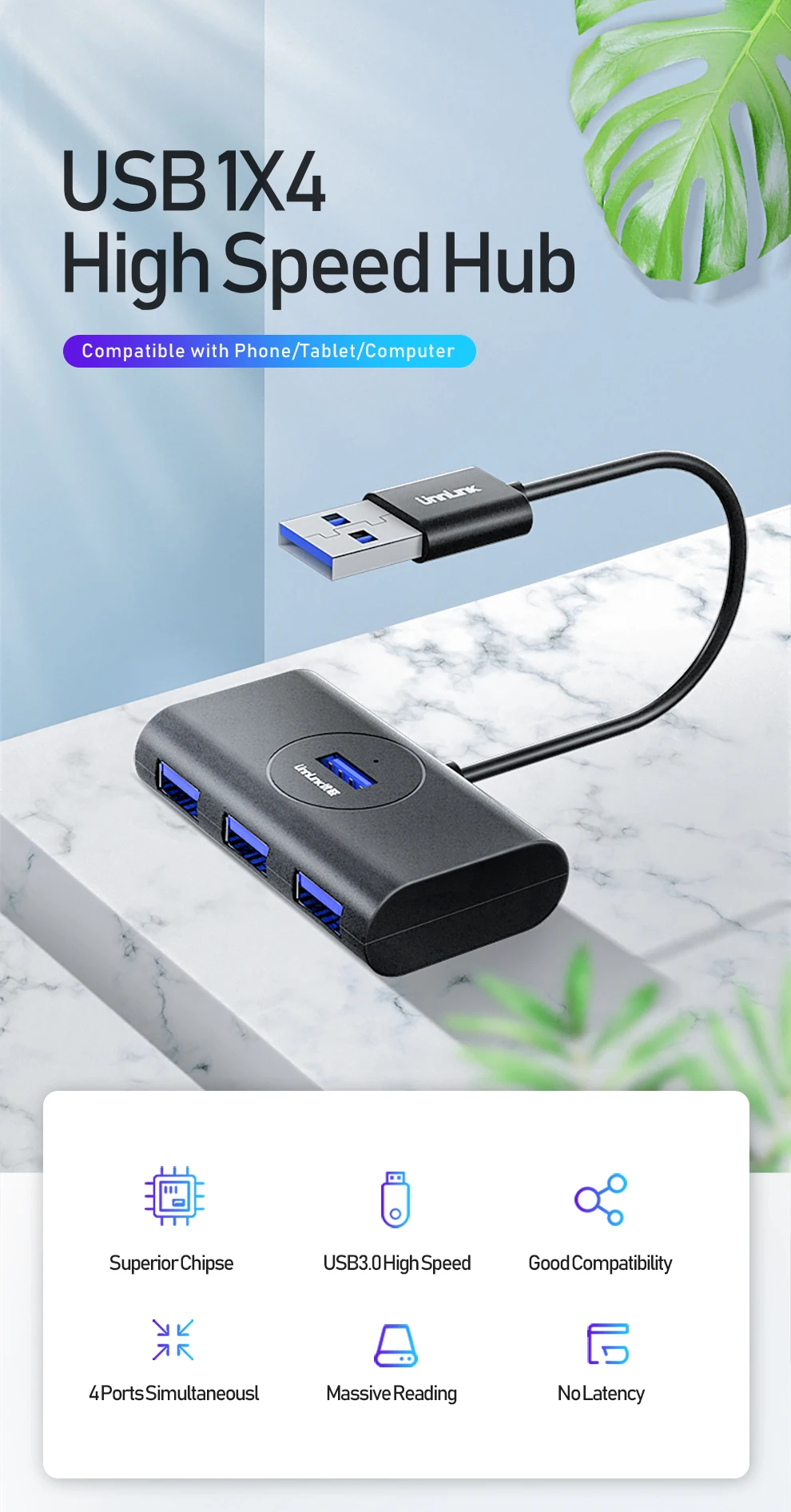 Unnlink usb-хаб 4 порта USB 3,0 высокоскоростной разветвитель 5 Гбит/с USB удлинитель 0,25 м 0,5 м 1 м 1,5 м 2 м для настольных компьютеров и ноутбуков