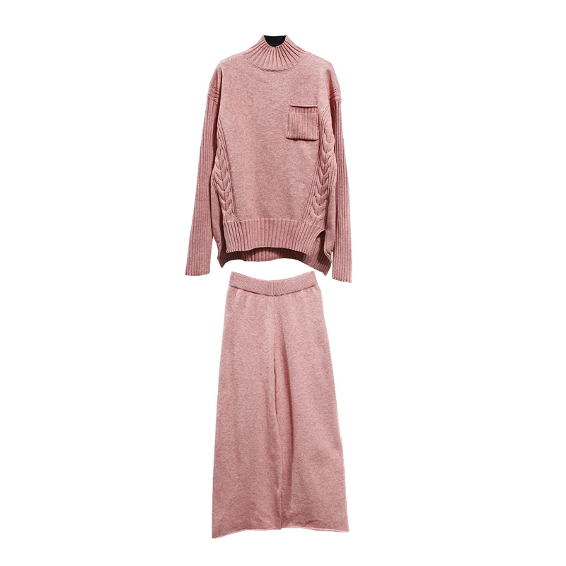 

2021 Autumn Winter Pullover Knitted Set Women Casual Tracksuit Loose Long Sleeve Tops Wide Leg Pants Two Piece Female Tide H962