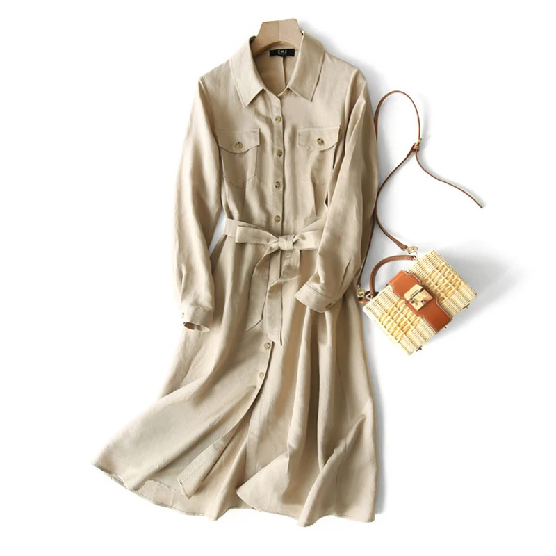 

5210 Spring Women Dress Long Sleeve Fashion Urban Elegant Linen Square Collar Mid Waist Solid Color Loose Ladies Office Clothing
